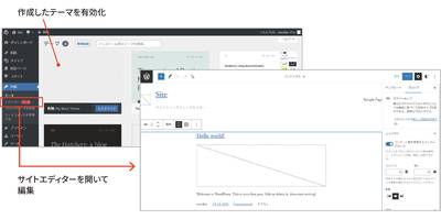 作成したブロックテーマを有効化してサイトエディターを開いたところ。