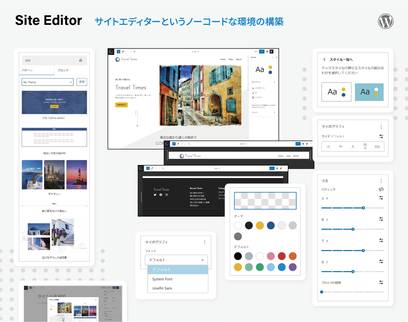 Site Editor: ブロックテーマで構築する、サイトエディターというノーコードな環境。各種プリセット、ブロックパターン、テンプレートパーツ、スタイルバリエーション、ページの雛形などを用意。