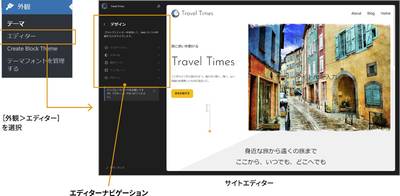 サイトエディターの左側にエディターナビゲーションが表示されています。