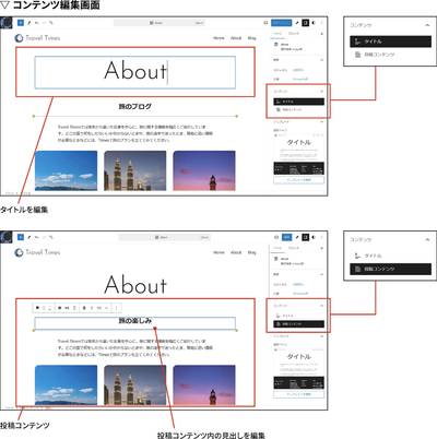 プレビューをクリックし、コンテンツ編集画面でAboutページのタイトルや見出しを編集しています。