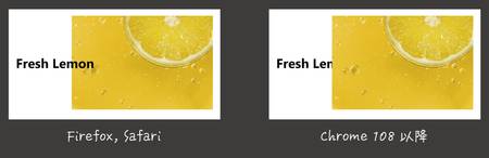 Flexboxで横並びにし、flex-direction: row-reverse で並び順を逆にして画像とテキストを重ねたもの。Firefox、Safariではテキストが上になりますが、Chrome 108以降では画像が上になります。