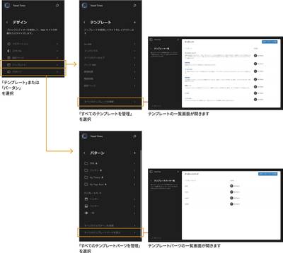 「すべてのテンプレートを管理」と「すべてのテンプレートパーツを管理」の画面を開いています。